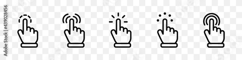 Click finger icon set. Cursor click collection on transparent background. Computer mouse click cursor black icons set. Black pointer for technology interface. Mouse click cursor collection. Vector