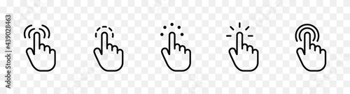 Click finger icon set. Cursor click collection on transparent background. Computer mouse click cursor black icons set. Black pointer for technology interface. Mouse click cursor collection. Vector