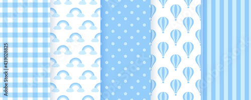 Baby shower seamless pattern. Blue pastel background. Baby boy geometric print. Vector. Set of kids textures. Cute childish backdrop with balloon, rainbow, dots, stripes and check. Modern illustration