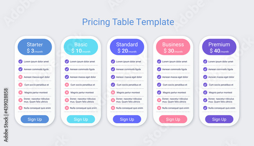 Price table template. Comparison data plans. Vector. Pricing chart grid. Spreadsheet page with 5 columns. Checklist compare tariff banner. Comparative spreadsheets with options. Simple illustration.