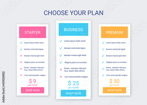 Price table template. Pricing chart grid. Comparison data plans. Vector. Spreadsheet page with 3 columns. Checklist compare tariff banner. Comparative subscriptions with options. Simple illustration.