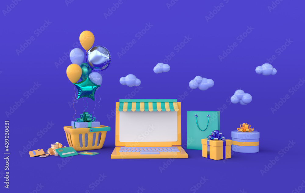 Illustration of glossy colorful balloons, shopping basket, present box, laptop, clouds and present box. Online shopping concept. 3d render