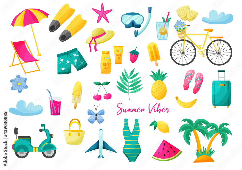 Set of summer elements in hand drawn style.