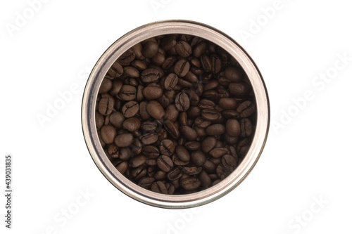 Metal can with roasted coffee beans inside isolated on white
