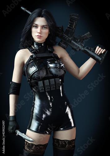 Portrait of a battle born female soldier with long black hair automatic weapon and combat knife with a gradient background. 3d rendering