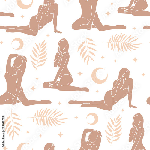 Seamless pattern with female characters body silhouettes ,mystic occult moon eclipse wit palm leaves. Flat art celestial background isolated on white background. Vector hand drawn illustration.