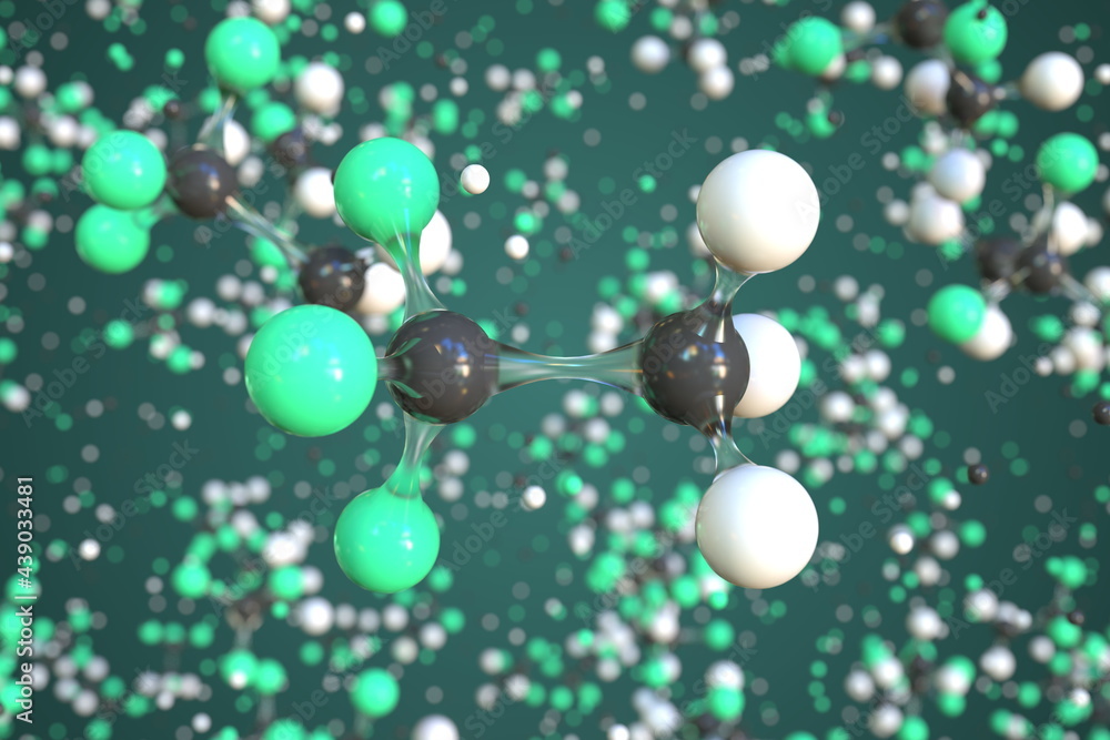 Molecule of 1,1,1-trifluoroethane, conceptual molecular model. Conceptual 3d rendering Molecule of 1,1,1-trifluoroethane, conceptual molecular model. Conceptual 3d rendering