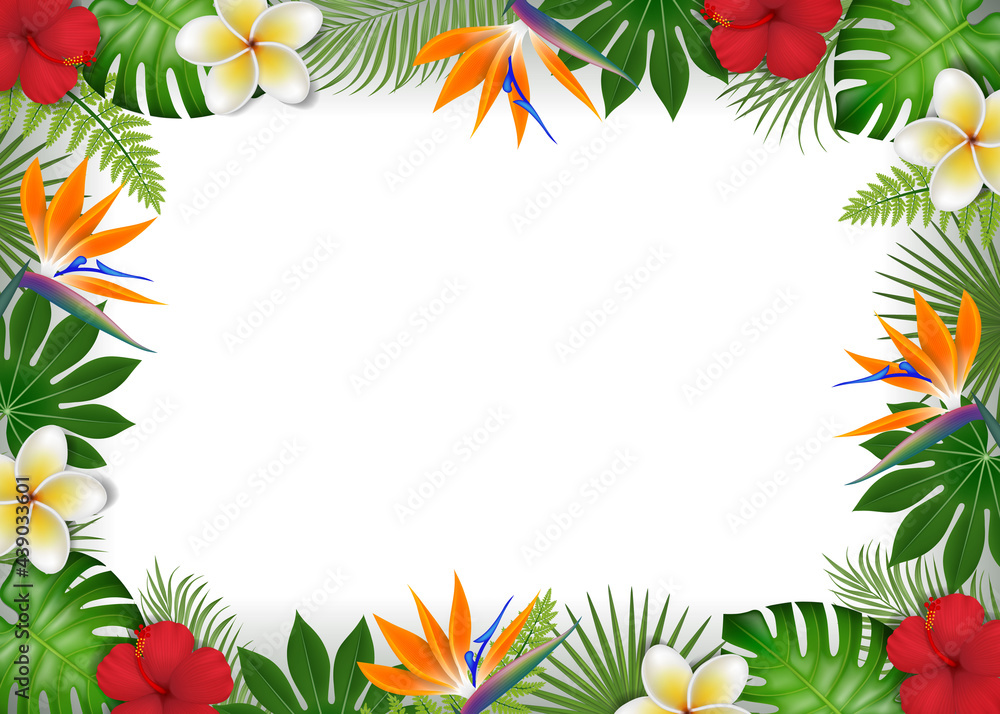 Summer frame with tropical leaves and exotic flowers