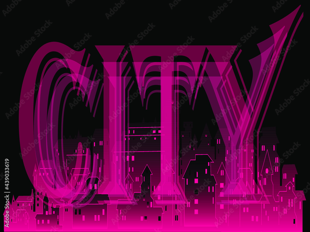 Obraz premium vector illustration depicting the word city and the outlines of the city in dark pink tones on a dark background for printing on T-shirts, and for decorating the interiors of studios, bars and discos