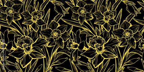 Outline daffodils flowers with Yellow Illuminating contour on black background. Modern floral hand drawn seamless pattern with narcissus flowers in full bloom for textile, wallpaper, bedding. photo