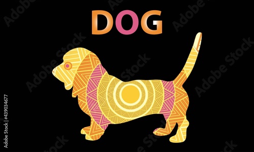Coloring book page of dachshund puppy dog. Monochrome and colored samples. Freehand sketch drawing for adult antistress colouring with doodle and zentangle elements