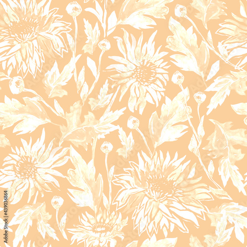 Light pastel sensual seamless pattern with hand drawn chrysanthemum flowers in full bloom. Botanical elements for package, textile, wallpaper, wrapping paper, bedding, clothes. 