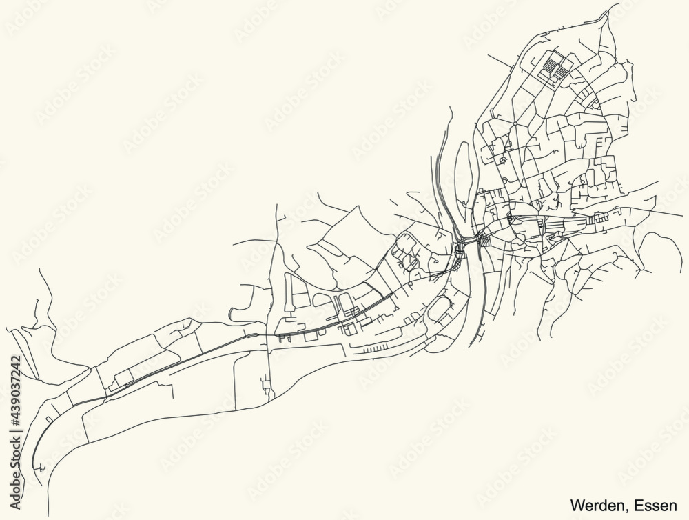 Obraz premium Black simple detailed street roads map on vintage beige background of the quarter Werden Stadtteil of Essen, Germany