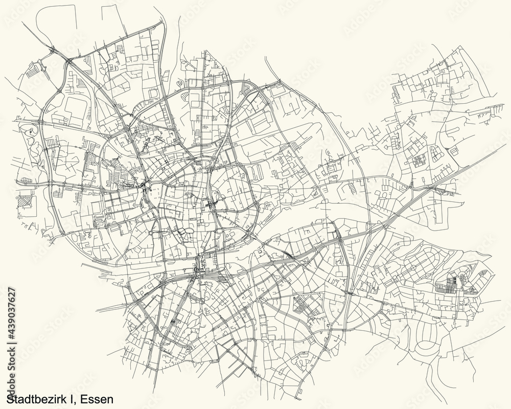 Fototapeta premium Black simple detailed street roads map on vintage beige background of the quarter Stadtbezirk I (Stadtmitte-Frillendorf) district of Essen, Germany