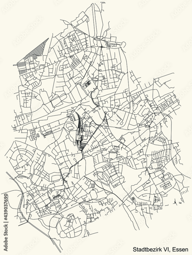 Black simple detailed street roads map on vintage beige background of the quarter Stadtbezirk VI (Zollverein) district of Essen, Germany