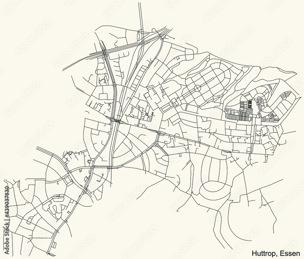Black simple detailed street roads map on vintage beige background of the quarter Huttrop Stadtteil of Essen, Germany