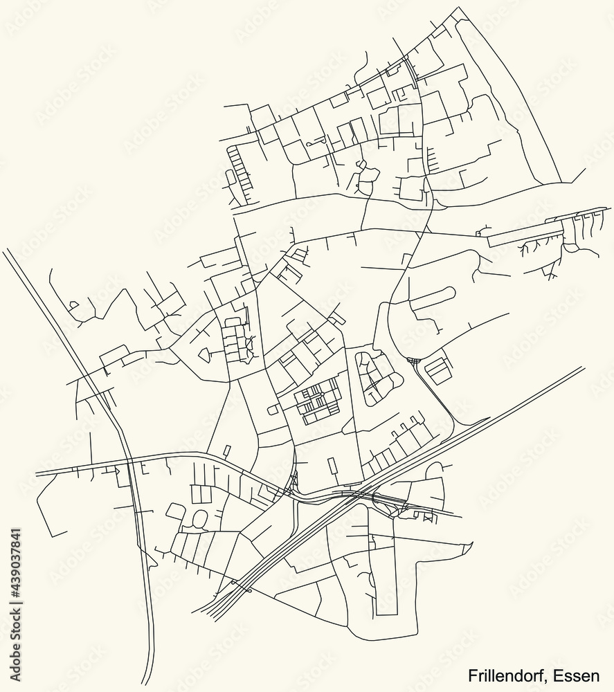 Black simple detailed street roads map on vintage beige background of the quarter Frillendorf Stadtteil of Essen, Germany