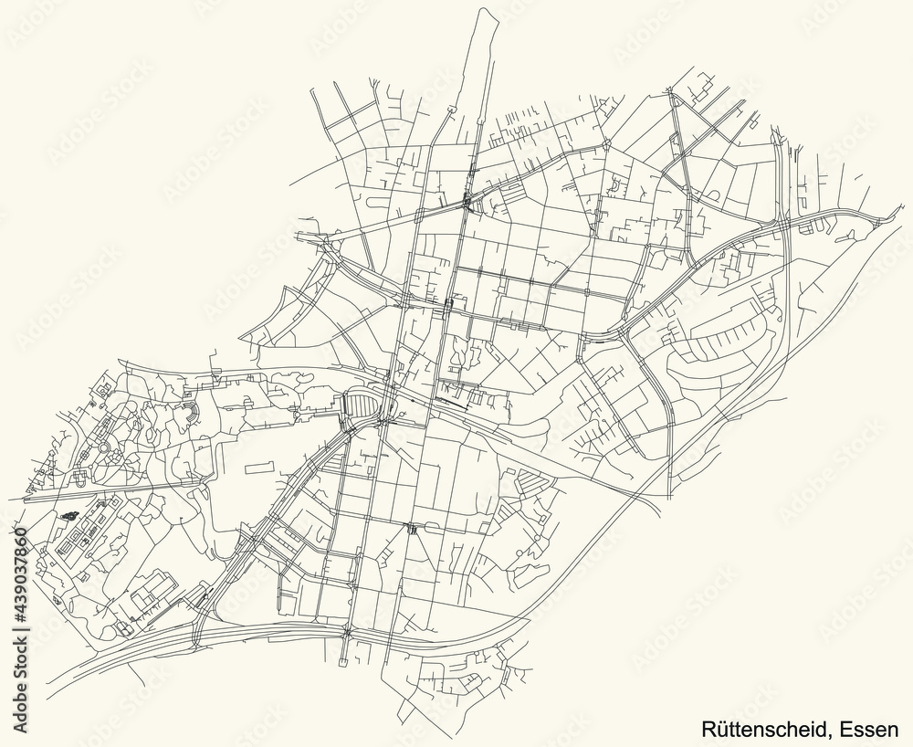 Black simple detailed street roads map on vintage beige background of the quarter Rüttenscheid Stadtteil of Essen, Germany
