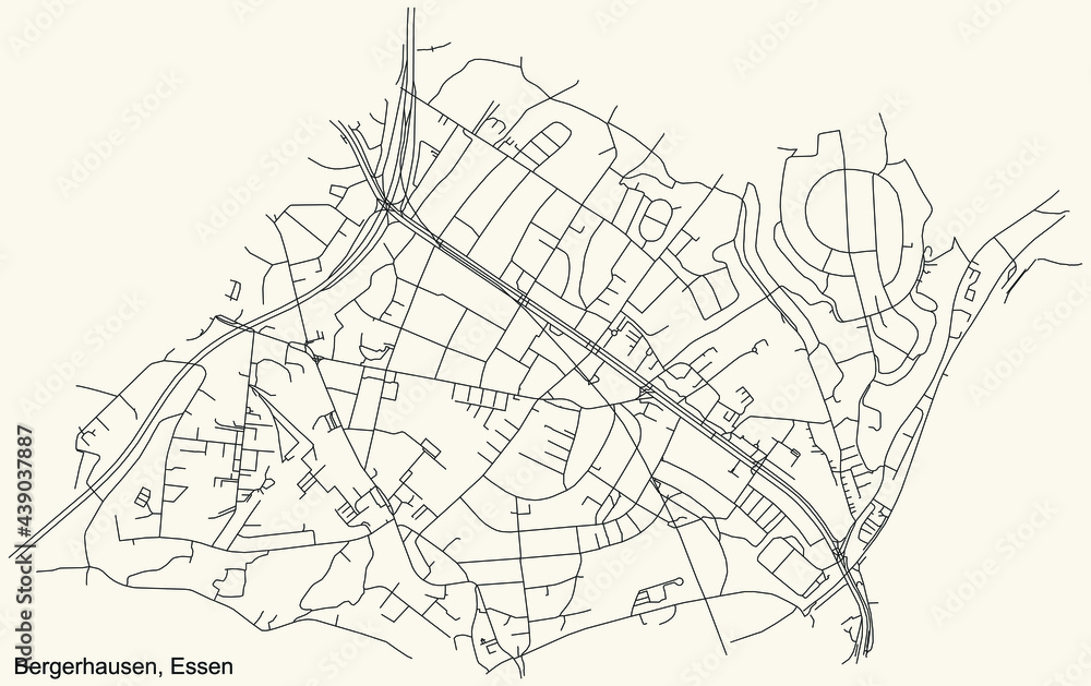 Black simple detailed street roads map on vintage beige background of the quarter Bergerhausen Stadtteil of Essen, Germany