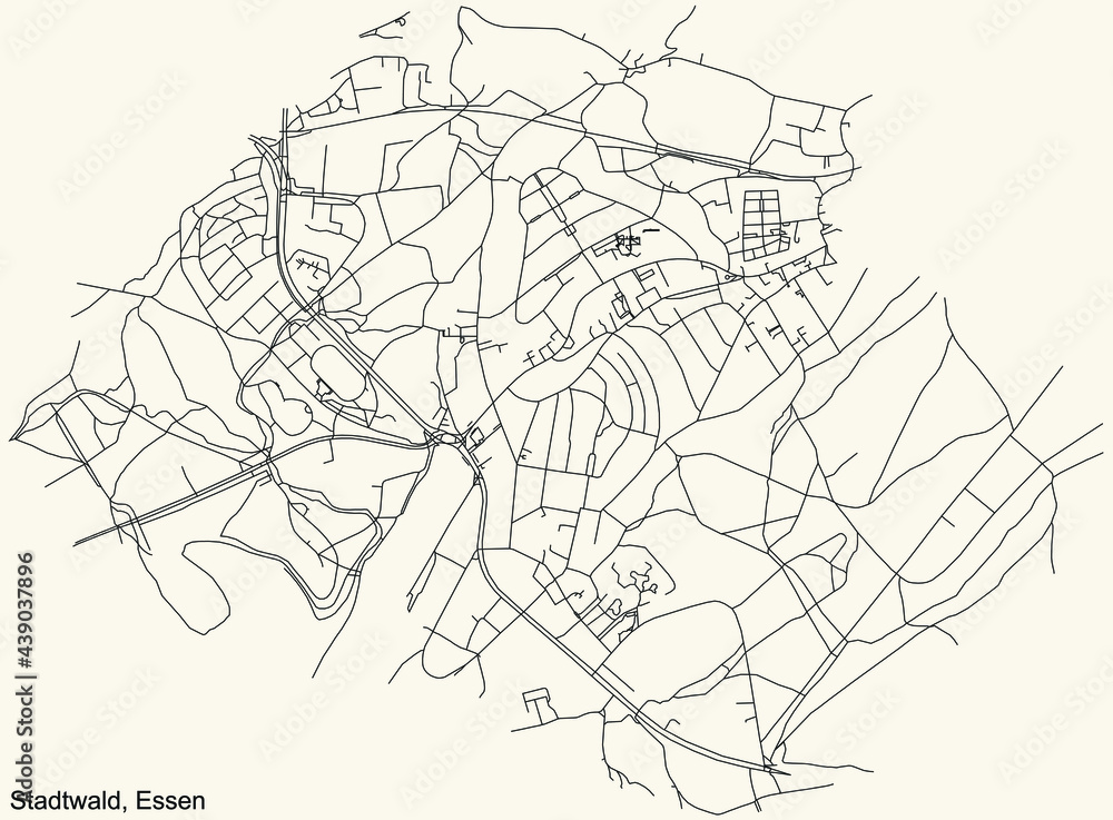 Black simple detailed street roads map on vintage beige background of the quarter Stadtwald Stadtteil of Essen, Germany