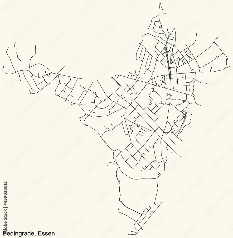 Black simple detailed street roads map on vintage beige background of the quarter Bedingrade Stadtteil of Essen, Germany