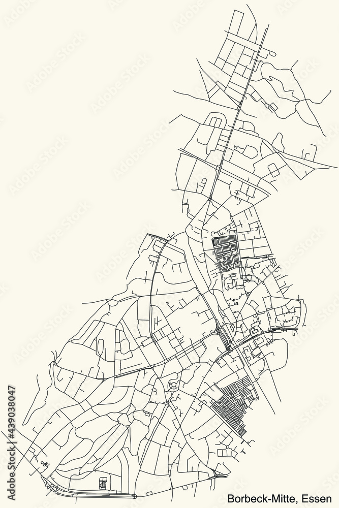 Black simple detailed street roads map on vintage beige background of the quarter Borbeck-Mitte Stadtteil of Essen, Germany
