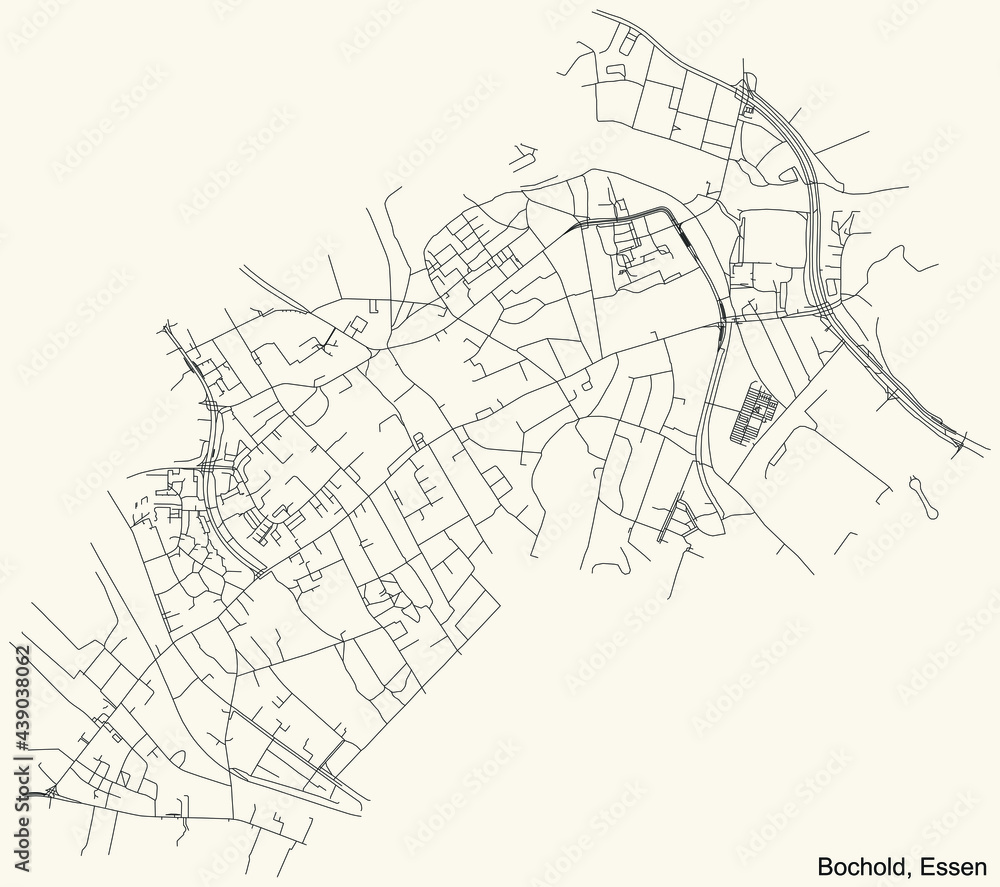 Black simple detailed street roads map on vintage beige background of the quarter Bochold Stadtteil of Essen, Germany