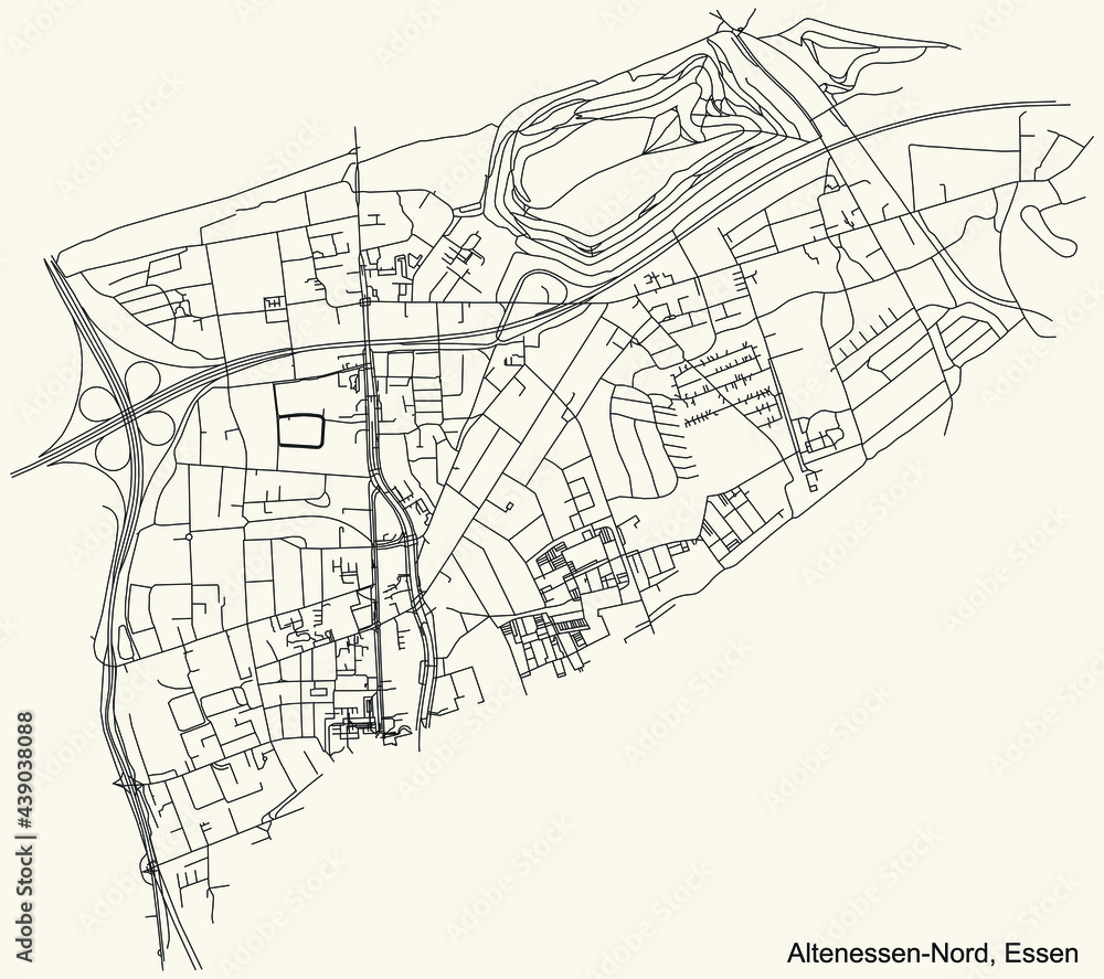 Naklejka premium Black simple detailed street roads map on vintage beige background of the quarter Altenessen-Nord Stadtteil of Essen, Germany
