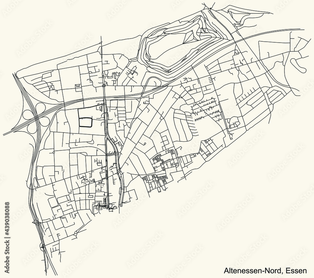 Black simple detailed street roads map on vintage beige background of the quarter Altenessen-Nord Stadtteil of Essen, Germany