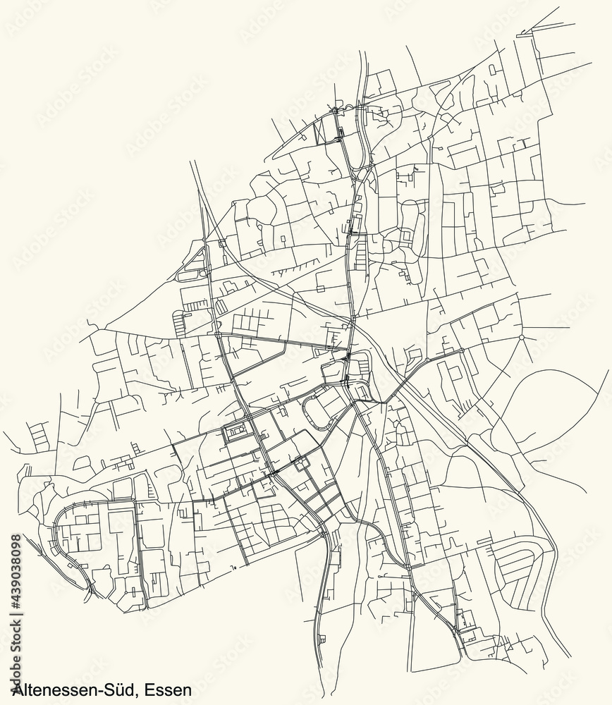 Fototapeta premium Black simple detailed street roads map on vintage beige background of the quarter Altenessen-Süd Stadtteil of Essen, Germany