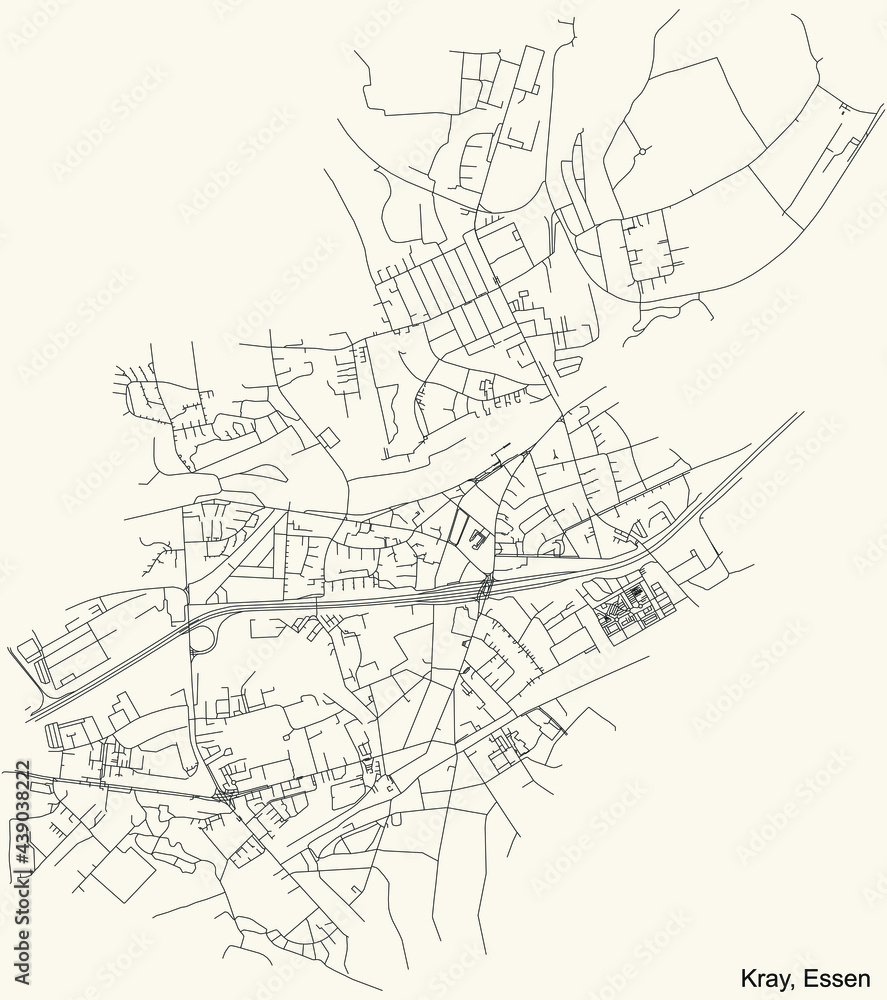 Black simple detailed street roads map on vintage beige background of the quarter Kray Stadtteil of Essen, Germany