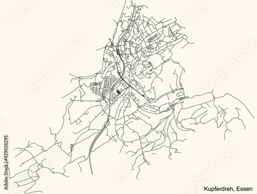 Black simple detailed street roads map on vintage beige background of the quarter Kupferdreh Stadtteil of Essen, Germany