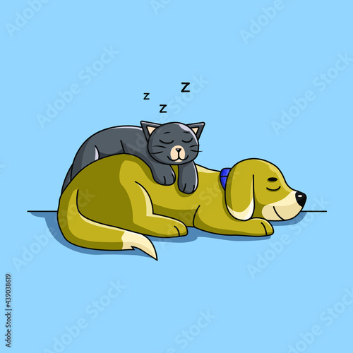 Cat sleeping on a dog. Vector illustration.