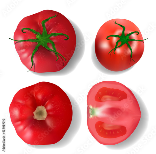 Set of 4 realistic vector tomatoes: 3 full and one cutted isolated on white background. View from top. 3d beautiful red tomato with shadows.