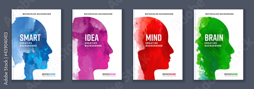 Watercolor booklet colourful cover bundle set with head profile silhouette, template for psychology book