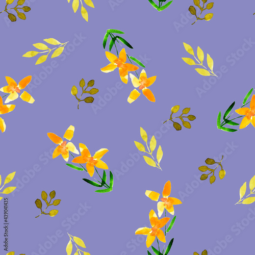 Yellow flowers and twigs on a lilac background. Seamless pattern.