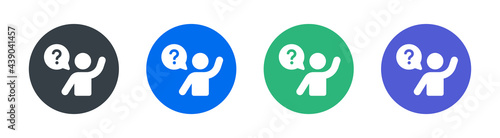 User raise hand asking question icon. Confusion, curious, doubt, problem, ask, information sign photo