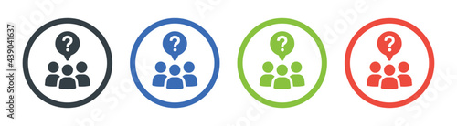 Three people with question mark icon. Vector illustration