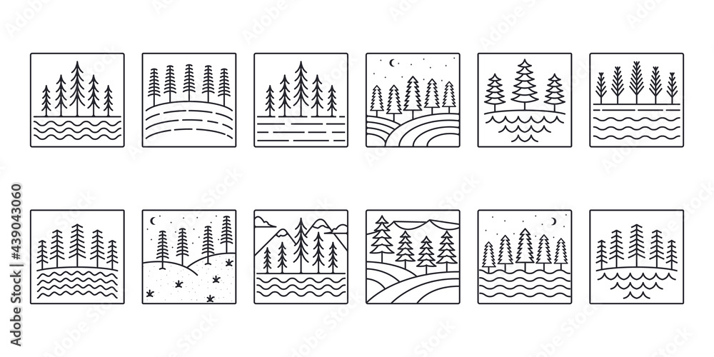 Obraz premium set of vector pines tree line icon logo symbol illustration design, collection of pine tree line art style