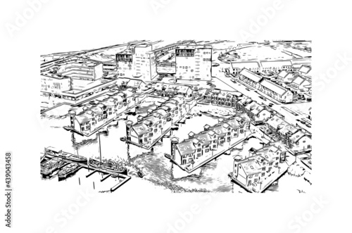 Building view with landmark of Groningen is a city in the northern Netherlands. Hand drawn sketch illustration in vector.