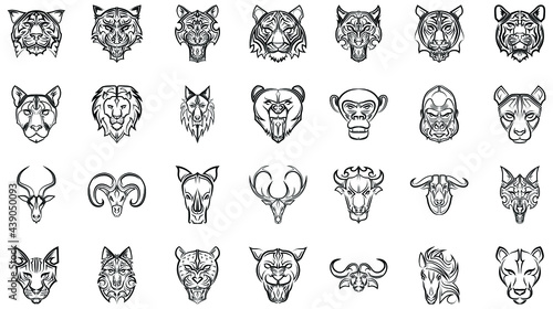 black animal head line art icon set