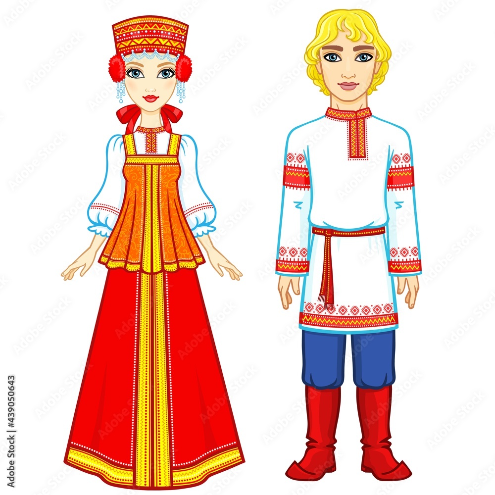 Animation portrait of a family in ancient Russian clothes.  Full growth. Vector illustration isolated on a white background.