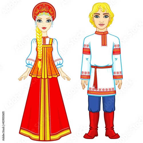 Animation portrait of a family in ancient Russian clothes. Full growth. Vector illustration isolated on a white background.