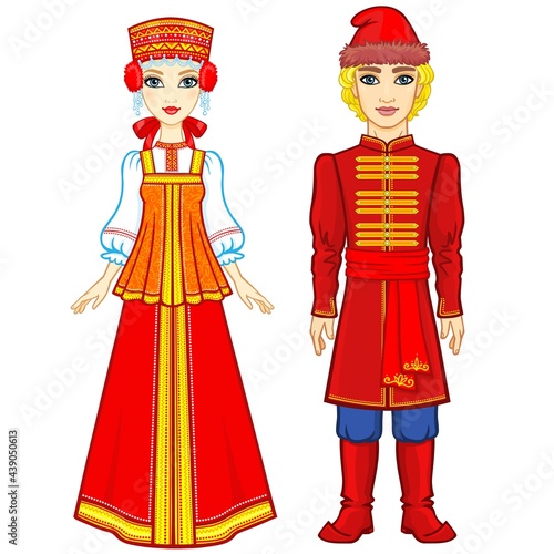 Animation portrait of a family in ancient Russian clothes. Full growth. Vector illustration isolated on a white background.