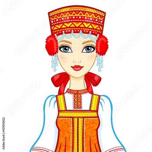 Animation portrait of the Russian girl in ancient clothes.  Vector illustration isolated on a white background.