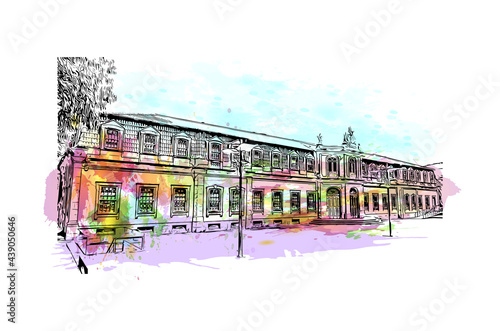 Building view with landmark of Guimaraes is a city in northern Portugal. Watercolor splash with hand drawn sketch illustration in vector.