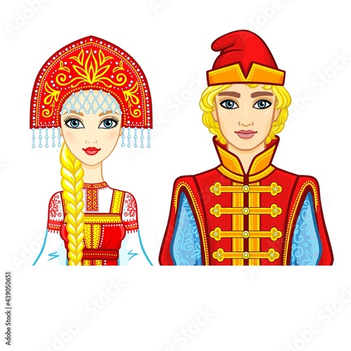 Animation portrait of a family in ancient Russian clothes. Vector illustration isolated on a white background.