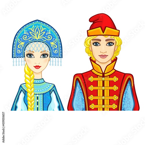 Animation portrait of a family in ancient Russian clothes. Vector illustration isolated on a white background.