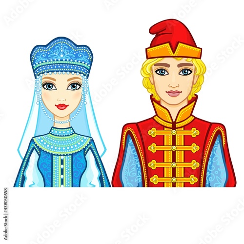 Animation portrait of a family in ancient Russian clothes. Vector illustration isolated on a white background.