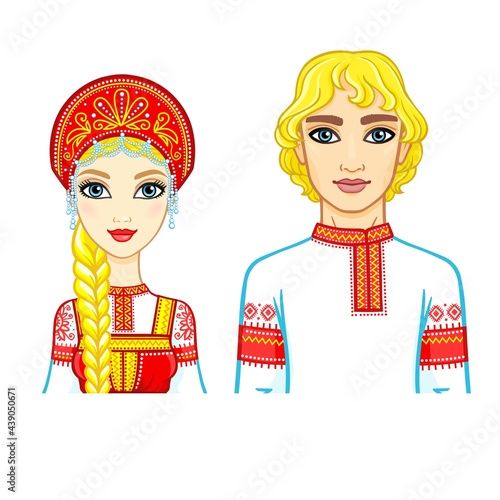 Animation portrait of a family in ancient Russian clothes. Vector illustration isolated on a white background.